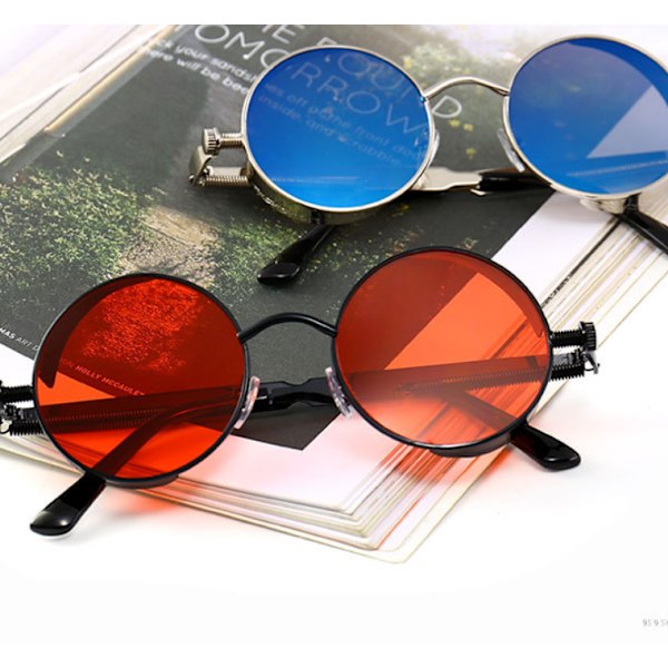 Steampunk Glasögon Mode Runda Solglasögon Trendiga Retro Glasögon Solglasögon för män och kvinnor (röd svart båge),