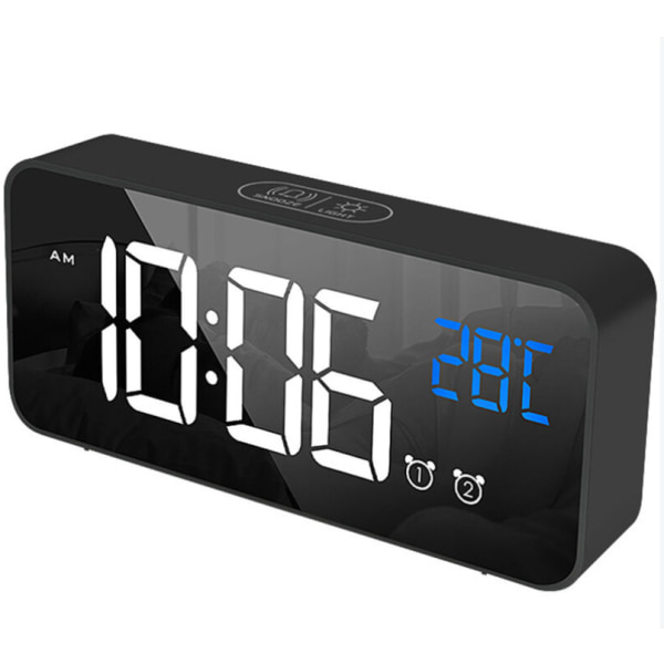 Digital LED-väckarklocka med termometer 2 larm Snooze-funktion 4 ljusstyrkanivåer Spegelklockor USB -laddning för sängbord（Silver）