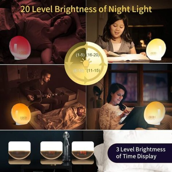 Vekkerklokke med lys, klokkeradio Daggry- og skumringssimulator 7 Naturlige lyder Snooze-funksjon FM-radio Gul LED ved sengekanten