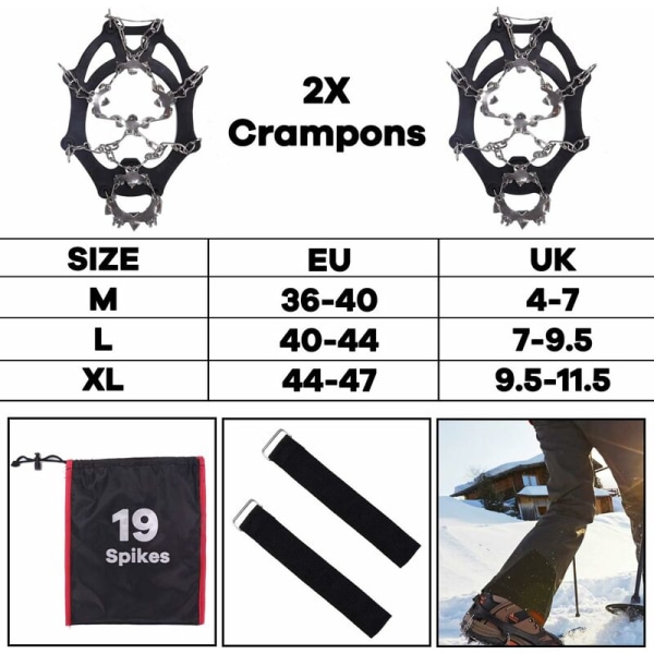 Anti-halk stegjärn, snö och is stegjärn, sko stegjärn, 19 tänder stegjärn med sömlöst stålskydd, för snö, Ic