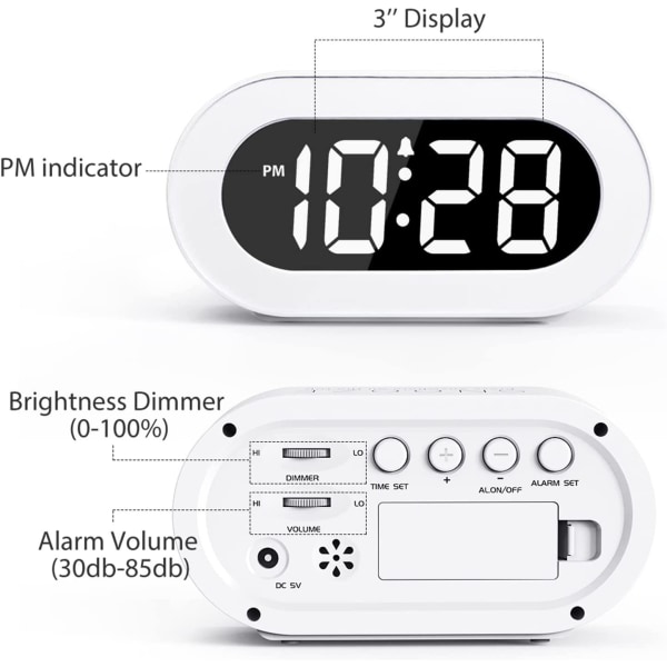 Lille LED digitalt vækkeur med snooze-funktion, nem betjening, dæmpning i fuld rækkevidde, justerbar alarmlydstyrke, kompakt