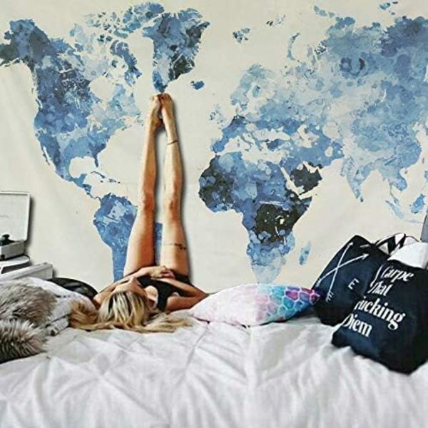 Maailmankartta Vintage Tapestry Seinäriippuva Mandala Bohemian Tapestry Seinätaide Retrokangas Kodinsisustus Rantapyyhe Joogamatto Sininen，203 * 150cm,