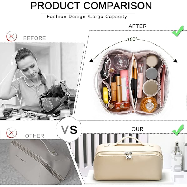 Makeup-taske - kosmetiktaske med stor kapacitet, vandtæt toilettaske i PU-læder, beige