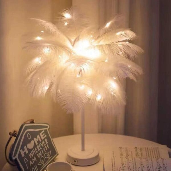 Struds fjer bordlampe natlys dekoration lampe varmt lys til soveværelse bryllup værelse (hvid struds)
