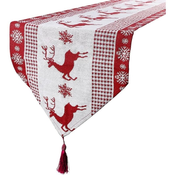 Julebordløber 35x170cm Dug Hvid Rød Elg Mønster Hørstof Julefestpynt til spisestue