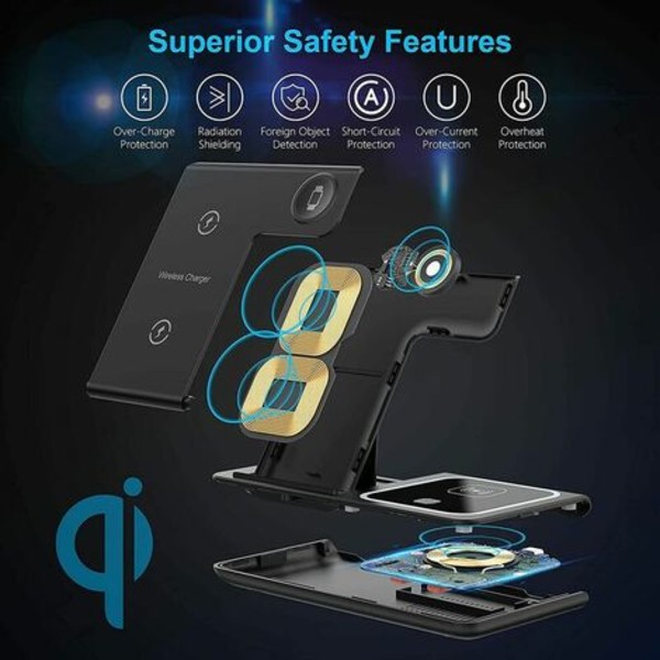 i 1 trådløs lader, Qi-sertifisert magnetisk trådløs hurtigladingsdokk kompatibel med iPhone, Apple Watch, Airpod Pro