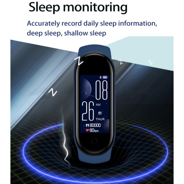 Smart Bluetooth-armbånd, trening, hjertefrekvens, blodoksygen, blodtrykk, skritteller, søvnhelseovervåking (blå),