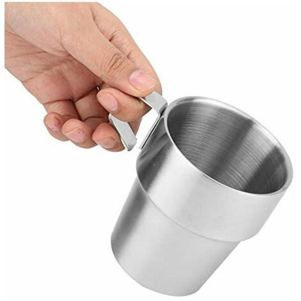 Sett med 4 stablebare og slitesterke kaffekopper i rustfritt stål med holdere for hjemme- eller kafébruk