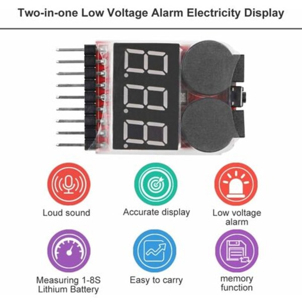 1S-8S batteritester, RC batterialarm Buzzer Lipo Checker med LED for Lipo, Li-ION, Li-Fe batteri Fonepro