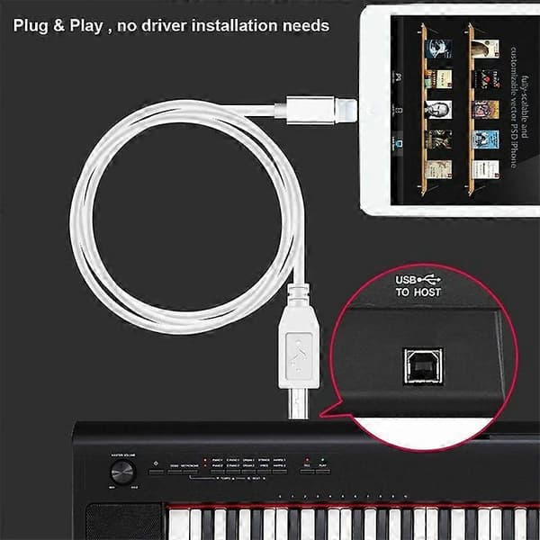 Lightning till Type-B MIDI-keyboardomvandlare USB 2.0-kabel för iPhone 7 8 X iPad[ht] Vit