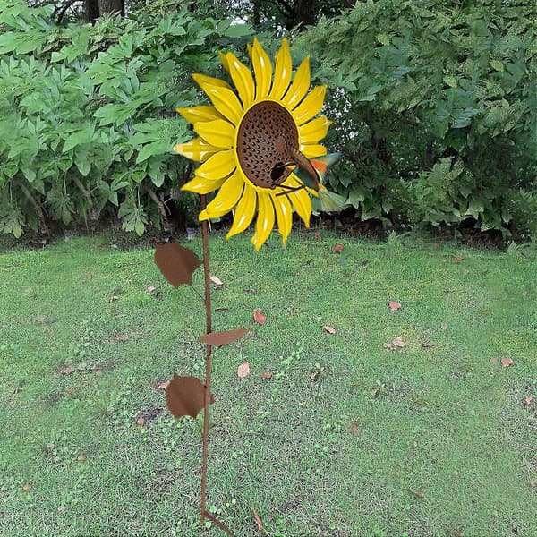Gul solsikke kolibri havefuglefoderbræt med metalblomsterdesign til udendørs terrasseindretning