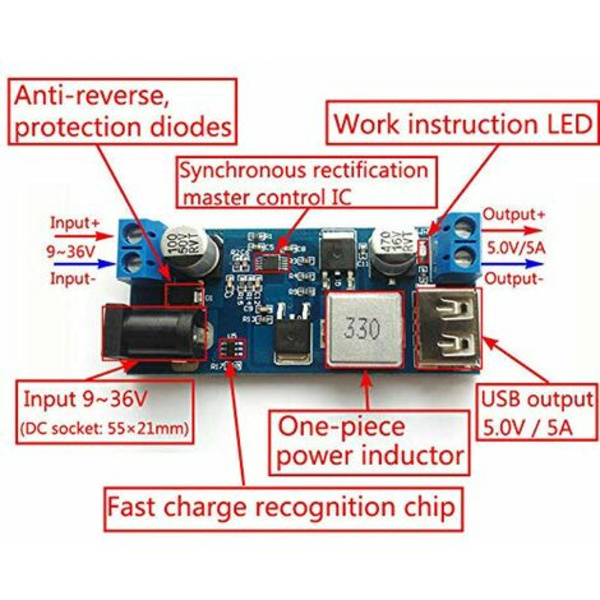 24V/12V till 5V 5A Power Buck Module DC-DC Rocker Power Set med LED