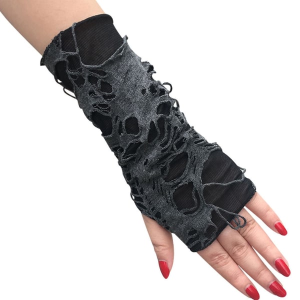 Farfi 1 par Halloween hansker Rippede hull Fingerløse Svarte Half Finger Punk Style Hansker Cosplay Tilbehør Black