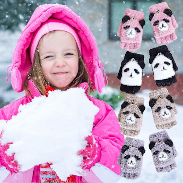Tecknad Panda Handskar Barn Vinter Varm Stickade Vantar Söta Mönster Vantar Plus Velvet Flip Fingerless Multifunktionshandskar C