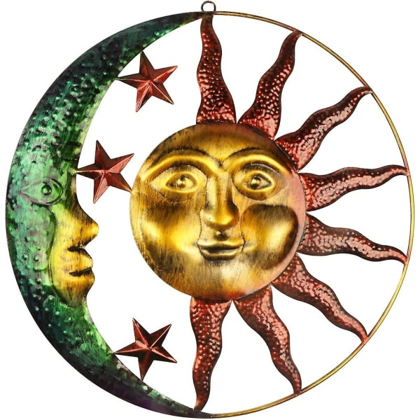 Koriste taidetta metallista auringon ja kuun seinästä