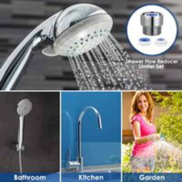 Flödesregulatorer för duschhuvud, set, adapter för fast duschhuvud och handdusch för badrum, 6 olika flödeshastigheter