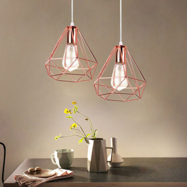 Metal diamantform pendel lysekrone moderne E27 loftslampe til soveværelset stue bar rose - rosa guld