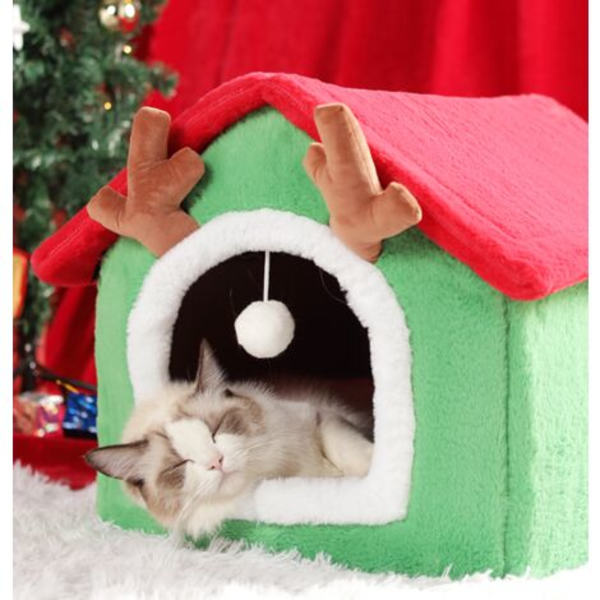 Christmas Cat House tuulenpitävä kissan luolapesä Söpö jouluinen lämmin kissansänky talveksi Mukava kissan talon sänky (vihreä)