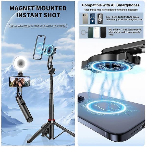 Magnetisk Selfie Stick Stativ til iPhone, 51 tommer Telefon Stativ Rejsestativ til iPhone Android Telefoner Black