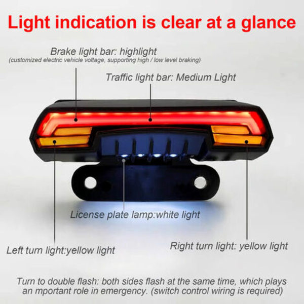 Universal 12-80V styrning + körning + bromsning + registreringsskyltslampa + dubbel blinkers bakljus för motorcykelgata