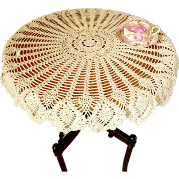 Retro pöytäliina, pyöreä, pitsi, käsintehty, virkattu, puuvilla, pöytäliina/ cover, 95-100cm, puuvilla, beige, 95-100cm pyöreä, beige,