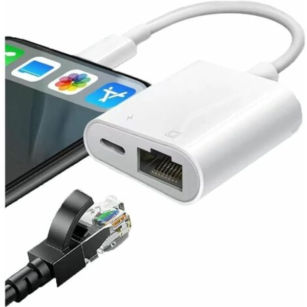 2 i 1 RJ45 Ethernet LAN Ethernet-adapter med ladeport, kompatibel med iPhone/iPad/iPod, støtter alle iOS / 10/100
