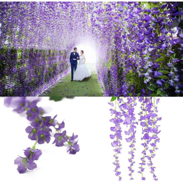 12 kpl tekokukat silkki Wisteria Vine Rata silkkiriippuvat kukat hääkoristelu (violetti)