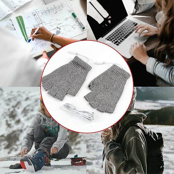 1 par elektriske hansker vinter termisk oppvarmet halvfinger votter usb oppladbare oppvarming håndvarmere Gray