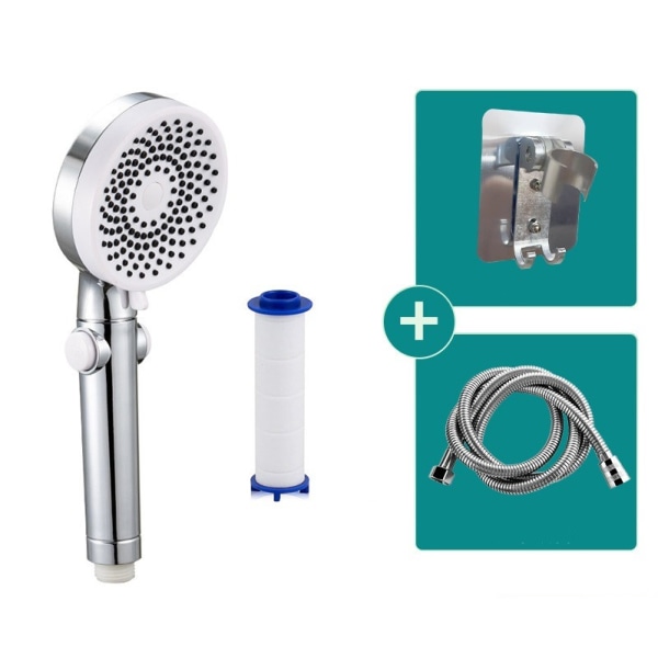 Dusch, tryckduschhuvud, badrumsdusch för hushållsbruk, 3-växlad vattenuttag (vit dusch + filterelement + duschslang + fäste)