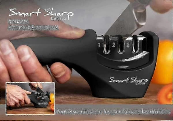 Smart Sharp 3-trins sliber - Til køkkenknive - Professionelt resultat/ergonomisk design - Keramisk sten/wolframkarbid/diamant - Sort/krom - L