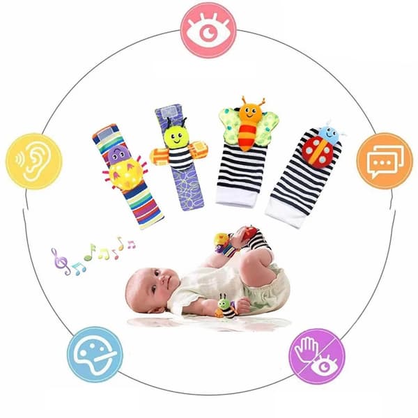 Babyrangleleker Tegneserie Bomullssokker og Håndleddsstropper Spedbarn Tidlig Utdanning Sensoriske Leker Stripe
