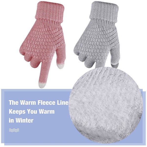 2 par vinterberøringsskjermhansker Varmt ullfôr strikkede hansker med elastiske mansjetter