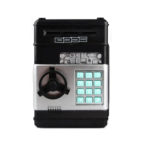 Spargris, födelsedagsleksakspresent, elektronisk kassaautomat för riktiga pengar, stor spargris plastskåp, söta barnartiklar (svart+silver),