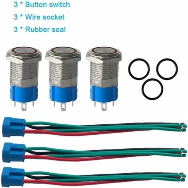3 stk Premium 12V/24V 3A øyeblikkelig trykknappbryter, 12mm trykknappbryter, rød LED IP66 vanntett bryter med strømuttaksledning