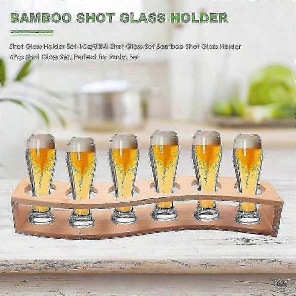 Bambu Shotglas Hållare Set - 6st 30ml Shotglas med Stativ, Perfekt för Fester & Barer