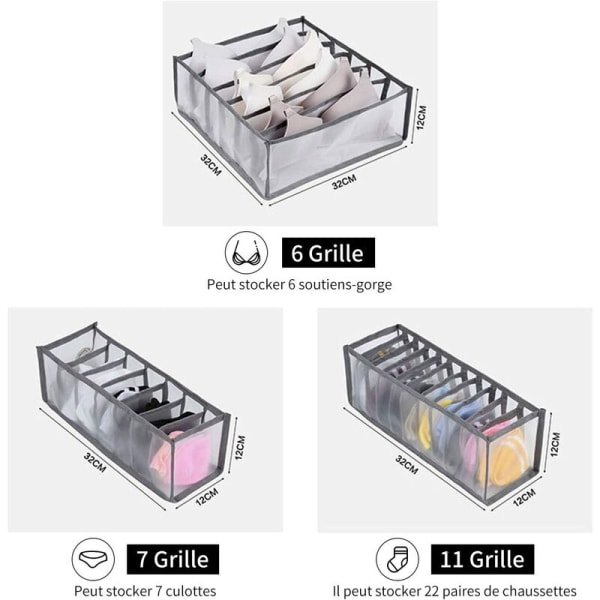 Oppbevaringsboks for hjemmeundertøy, sortering og oppbevaring av klær (grå tredelt sett (6 ruter + 7 ruter + 11 ruter)),