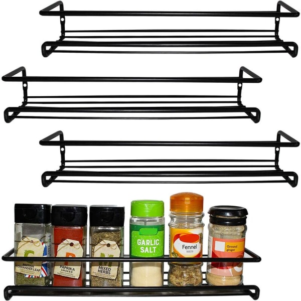 Svart veggmontert krydderhylle (sett med 4) - For kjøkkenvegger og enkeltlags skap - Veggmontert krydderhylle for Kitc