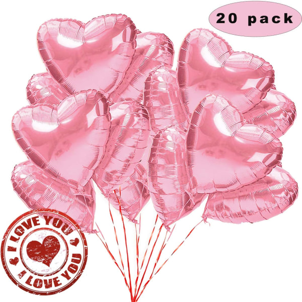 20 stk 18 tommers rosa hjerteballong, hjerte heliumballonger, bryllupsfolieballong, folieballong, hjerteballonger (rosa)