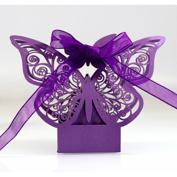 Paket med 50 hopfällbara 3D Butterfly Candy Favor Boxes för bröllopsfest med lila vita band,