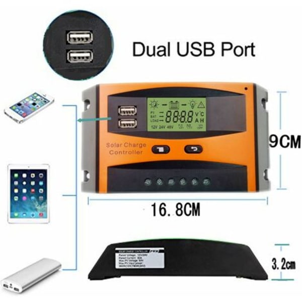 30A 12V/24V Smart Solar Panel Charge Controller med LCD-skjerm og USB-port, overstrømsbeskyttelse, for solcellepanel