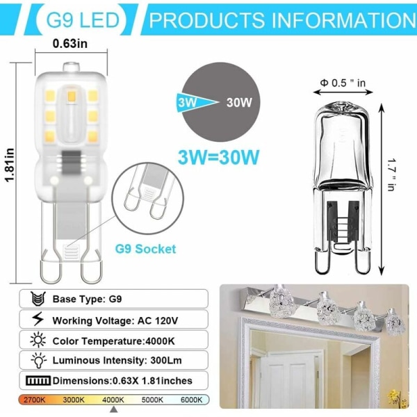 BETT G9 LED-lamppu, G9 LED 220V Natural White 3000K 3W Halogeenivastaava 30W Halogeenivalo 8 kpl