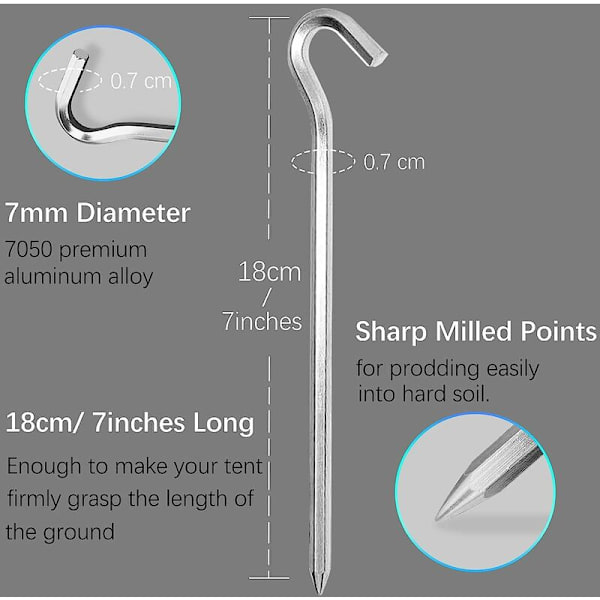 Aluminum teltplugger, 14 deler 18 cm teltkroker Teltplugger Hard bakkeplugger, ideell for hagearbeid, camping, fiske og telt