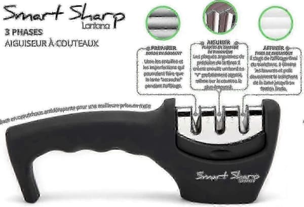 Smart Sharp 3-trins sliber - Til køkkenknive - Professionelt resultat/ergonomisk design - Keramisk sten/wolframkarbid/diamant - Sort/krom - L