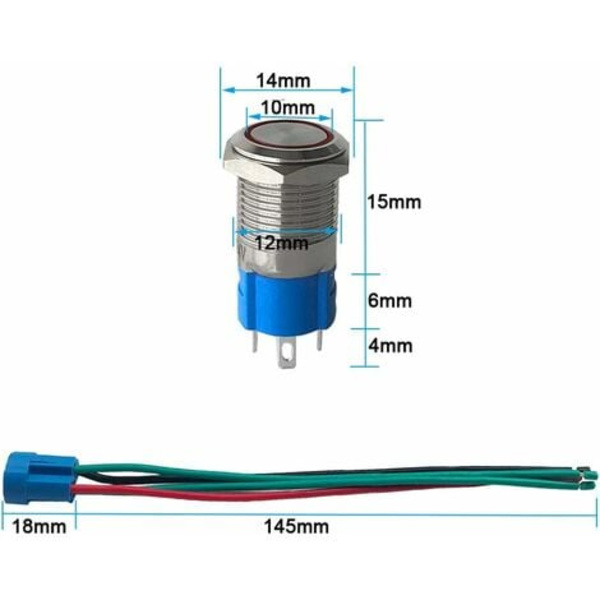 3 stk Premium 12V/24V 3A øyeblikkelig trykknappbryter, 12mm trykknappbryter, rød LED IP66 vanntett bryter med strømuttaksledning