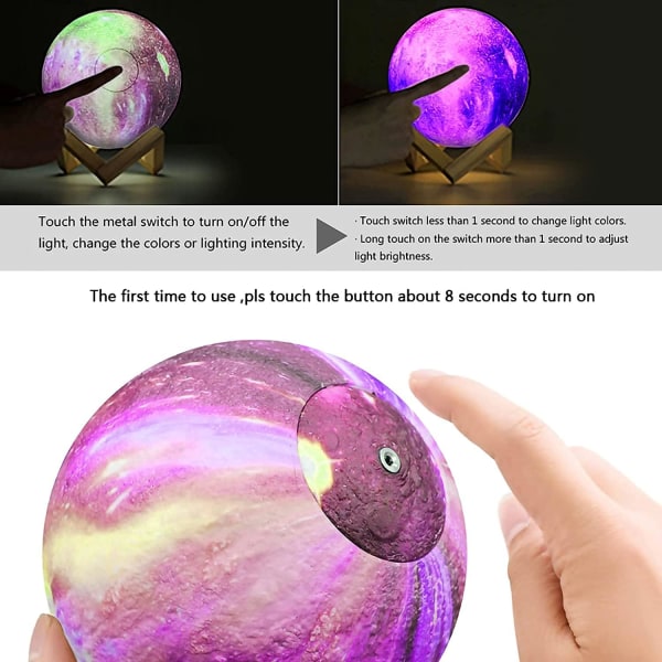 Bright Moon Light for Kids 16 färger 3D- printed stjärn- och månljus-lysdioder med stativ, pekfjärrkontroll och USB uppladdningsbar (15 cm),