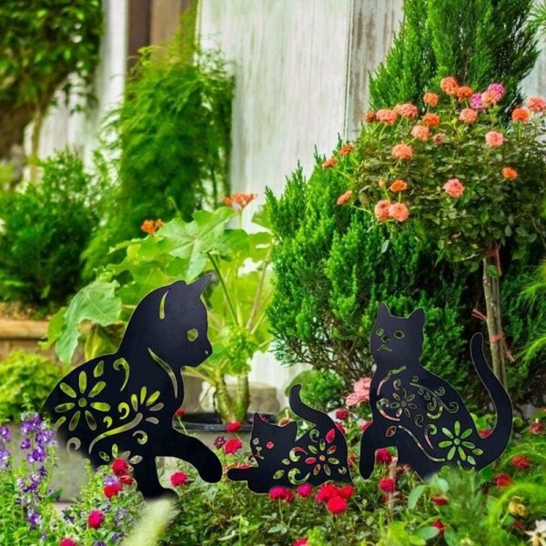 Cat Yard Art Garden Deco metallipatsaat, 3 kpl Cat Hollow Out Silhouette Eläimen muotoiset paalukoristeet, musta