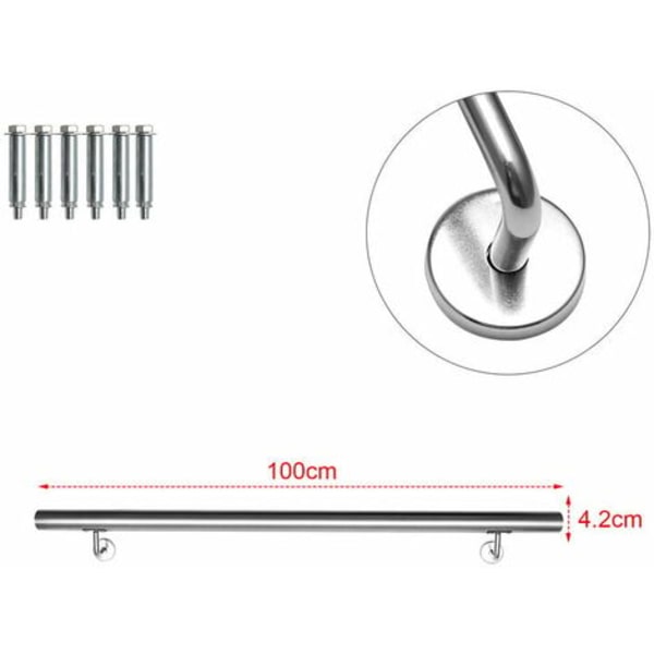 Gelænder, rund trappegelænder i rustfrit stål, indvendig og udvendig Ø 42 mm, vægbeslag, sølv 100cm - Sølv