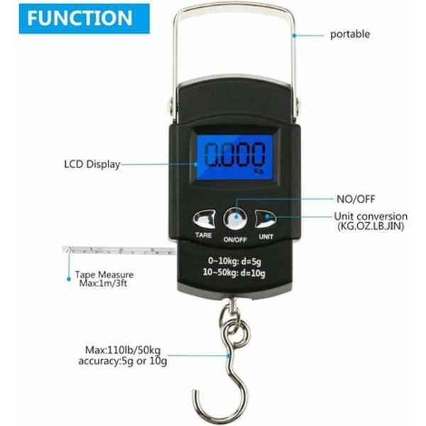 Elektronisk fiskevægt, fiskevægt 50 kg/110 lbs, Digital Fishing Postal Hanging Krogvægt med målebånd med Ba