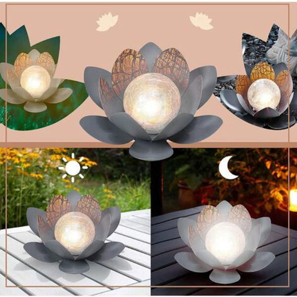 Dekorative solcellelys i metall knust glasseffekt Lotus solcellelampe, vanntett solar hagelys for utendørs dekorasjon