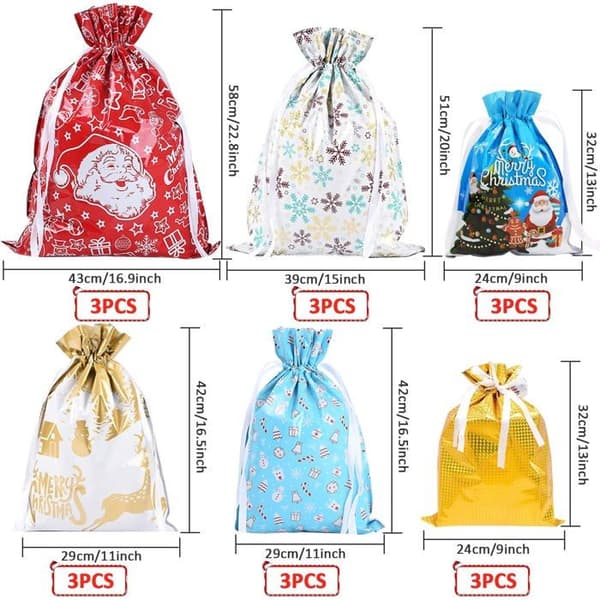 18 julklappspåsar med dragsko, julklappspåsar, 4 storlekar: extra stor, medium och liten, 6 olika mönster